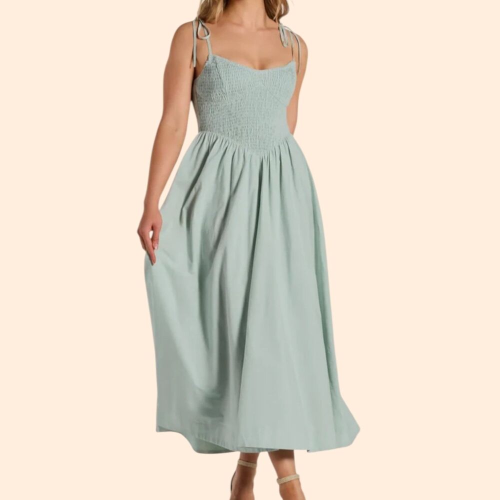 Mable Smocked Bodice Midi Dress in Light Sage
